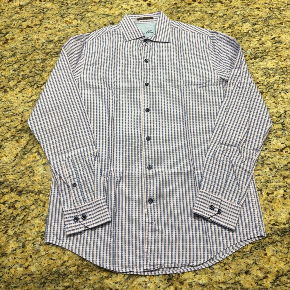 Tasso Elba Mens Small Supima Cotton Blue Purple Check Long Sleeve Button Down